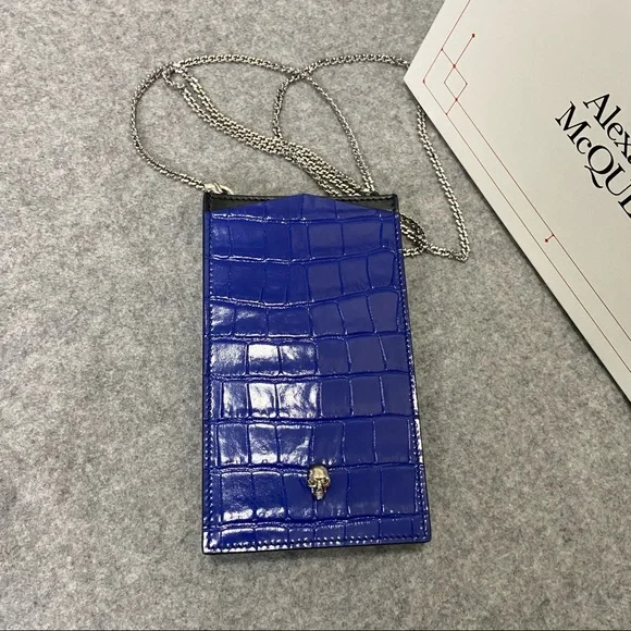 SOLD NWT $690 Alexander McQueen Skull Croc Leather Phone Bag Royal Blue - Picture 8 of 16